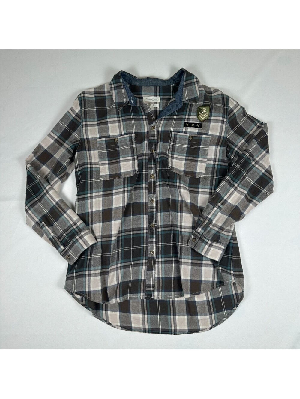 Treasure & Bond Mens Size L Plaid Flannel Boyfriend Fit Shirt Patches
